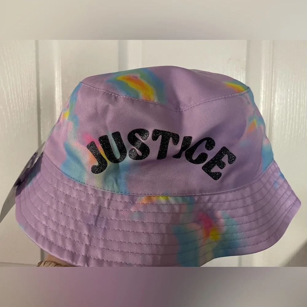 Justice Rainbow Tie Dye Bucket Hat Girls One Size Glitter Logo Pastel NWT